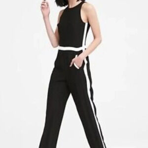 Banana Republic Black White Side Stripe Crew Neck Sleeveless Jumpsuit Size 4
